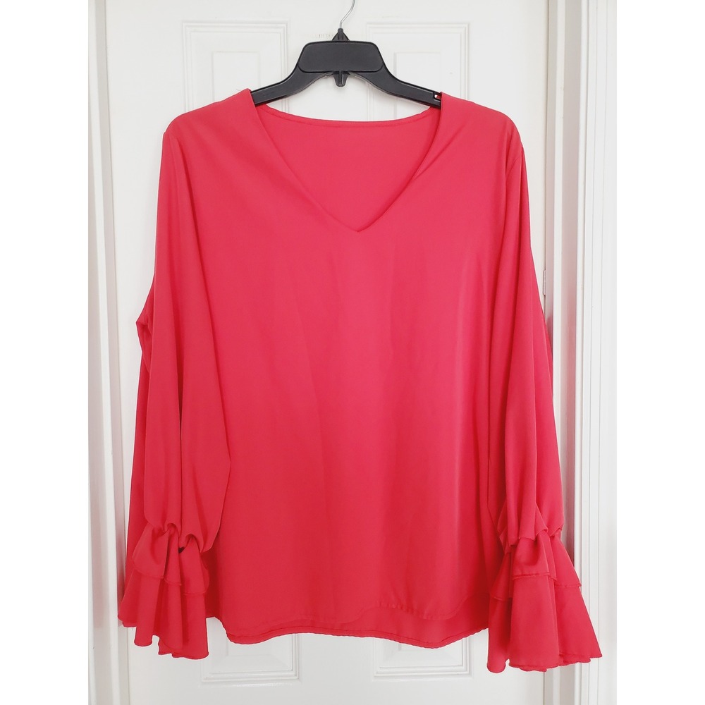Lyaner Romantic‎ Feminine Blouse Red V-Neck Ruffle Tiered Bell Sleeve Top XXL